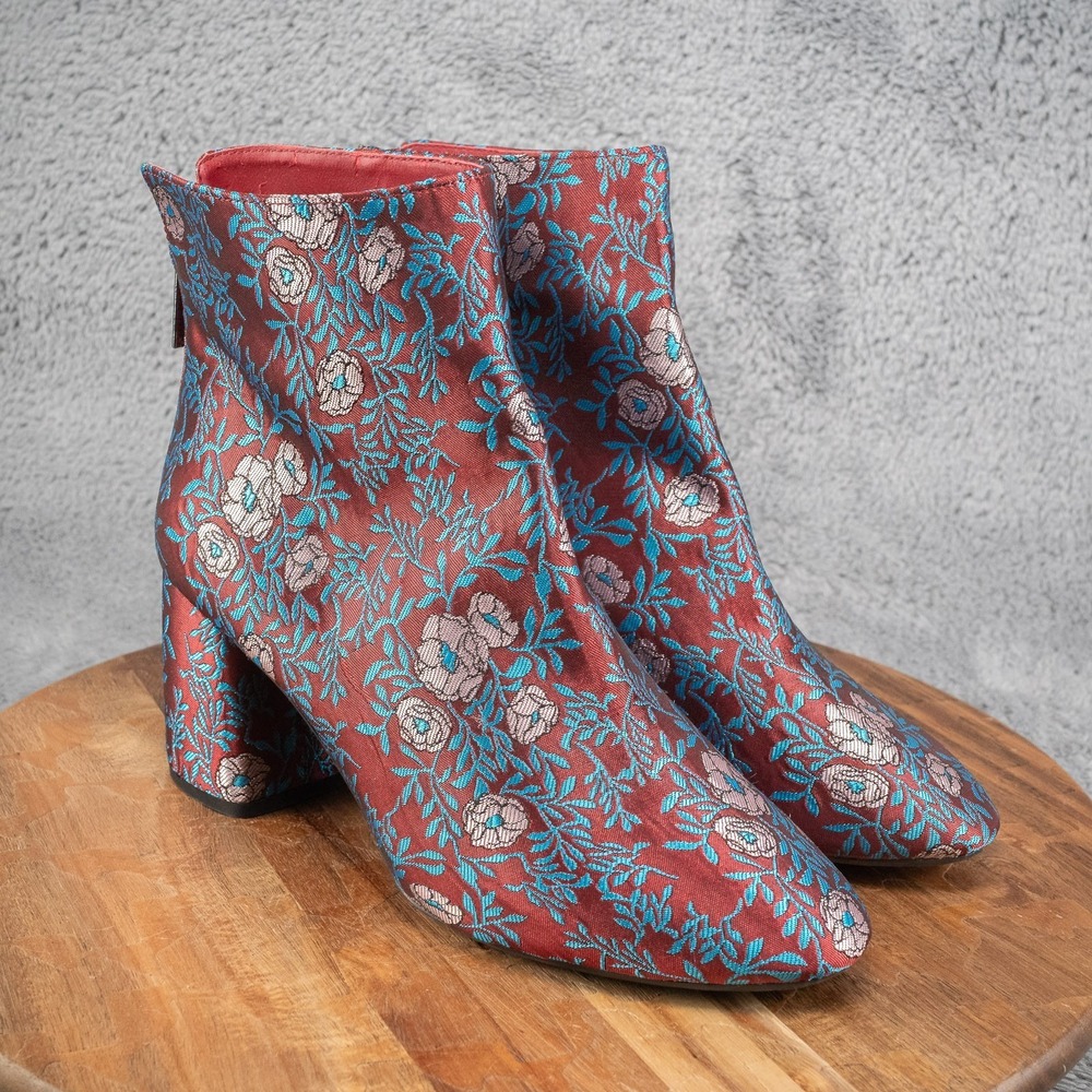 Gianni Bini Catalano Brocade Chunky Heel Booties Fabric Upper Blue Floral 10 M‎